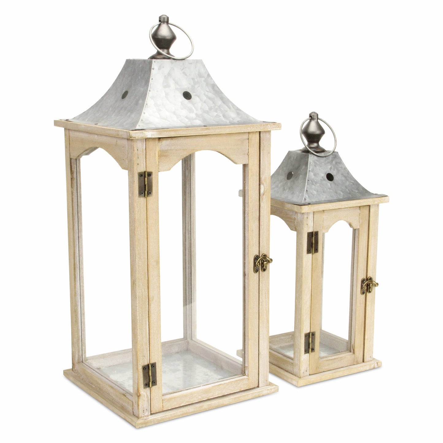 Brown Wood Frame Glass And Metal Top Lanterns