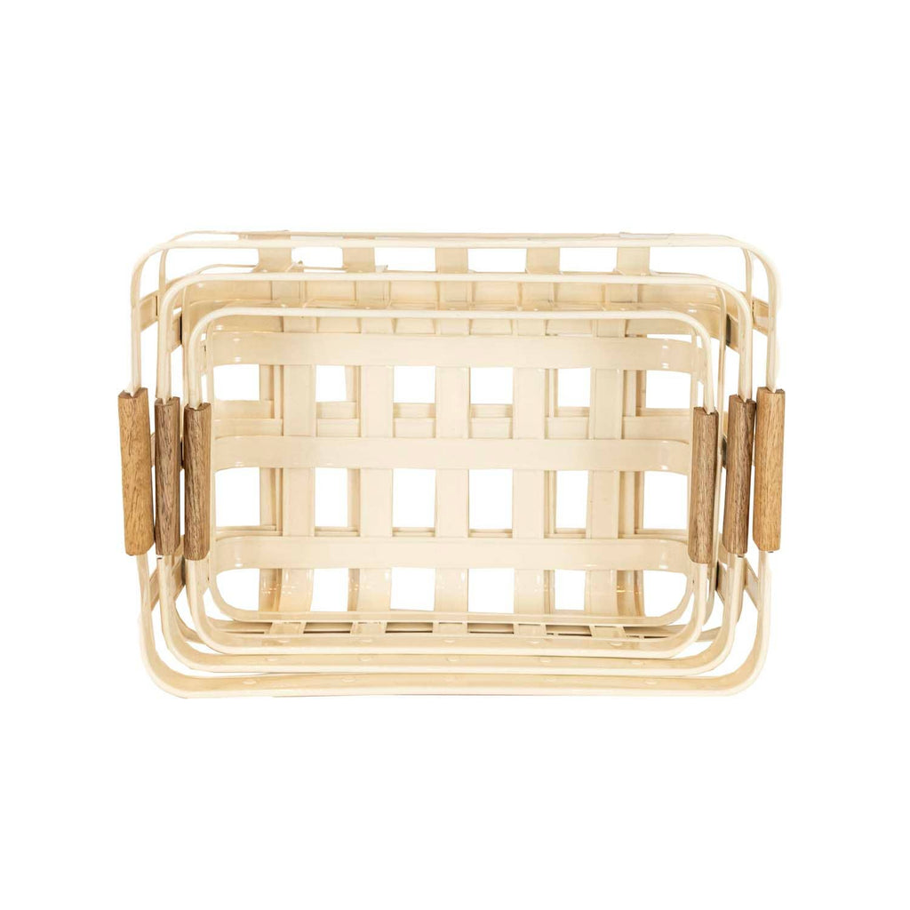 Clement Set 3 Kitchen Baskets White Metal Wood Handles
