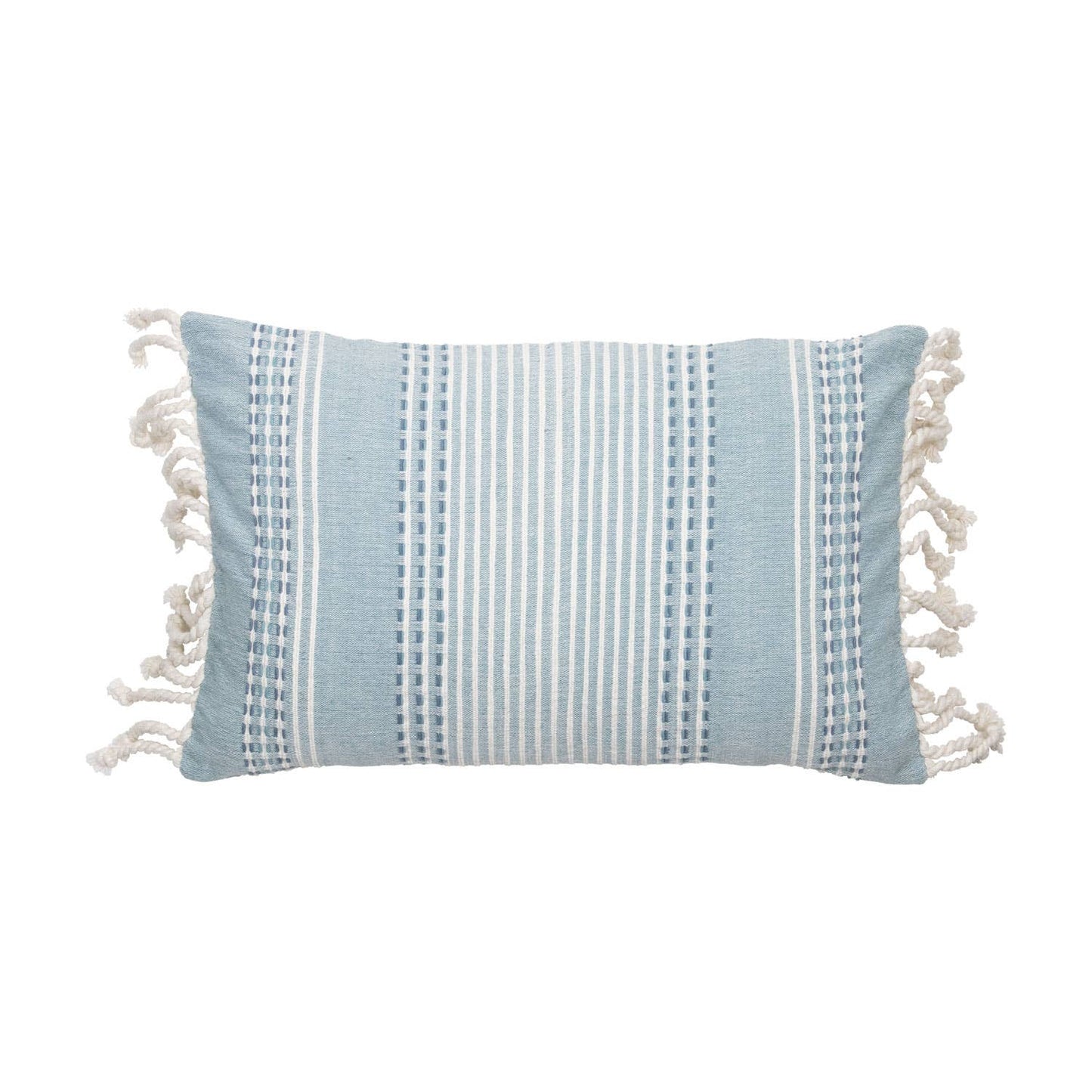 Nila Blue Woven 14x22 Cotton Filled Pillow Hand Tied Tassels