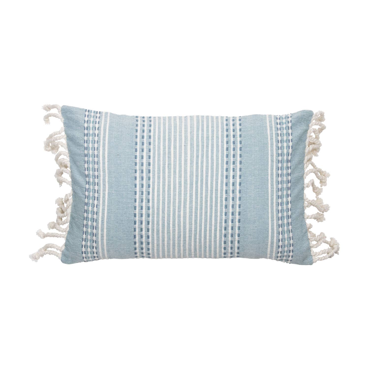 Nila Blue Woven 14x22 Cotton Filled Pillow Hand Tied Tassels