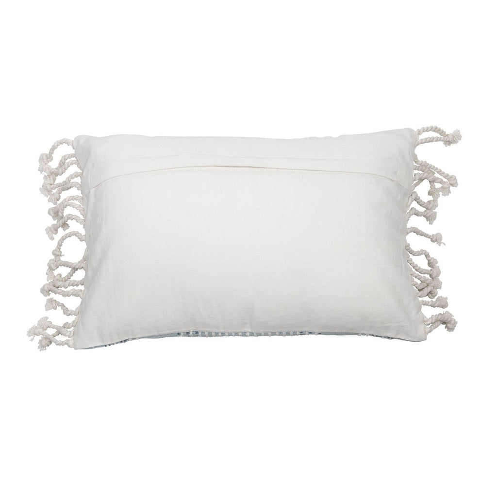 Nila Blue Woven 14x22 Cotton Filled Pillow Hand Tied Tassels
