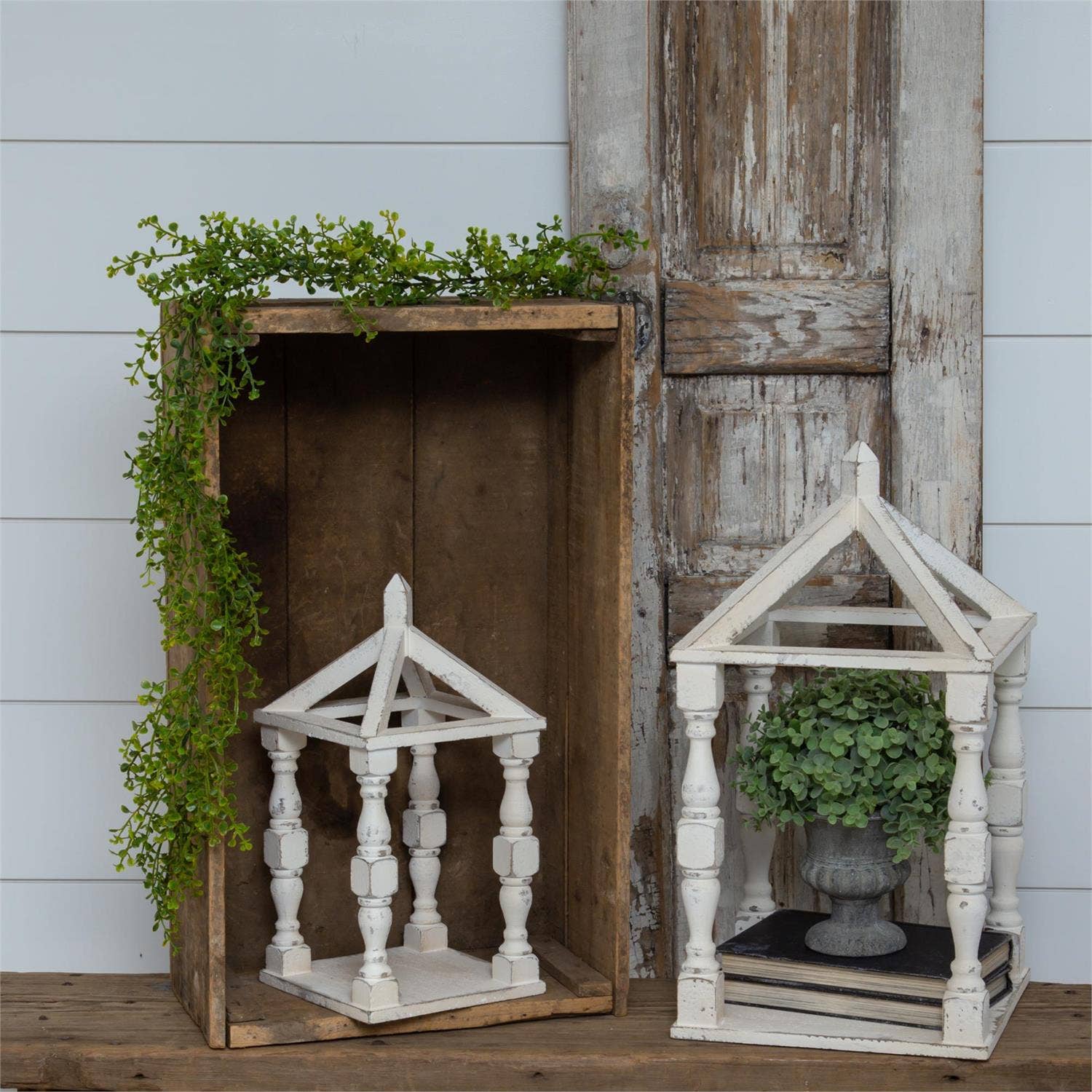 White Distressed Wood Open Lanterns