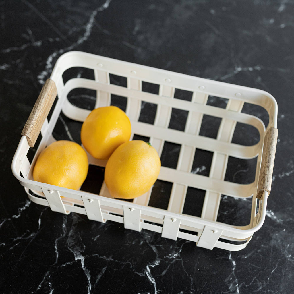 Clement Set 3 Kitchen Baskets White Metal Wood Handles