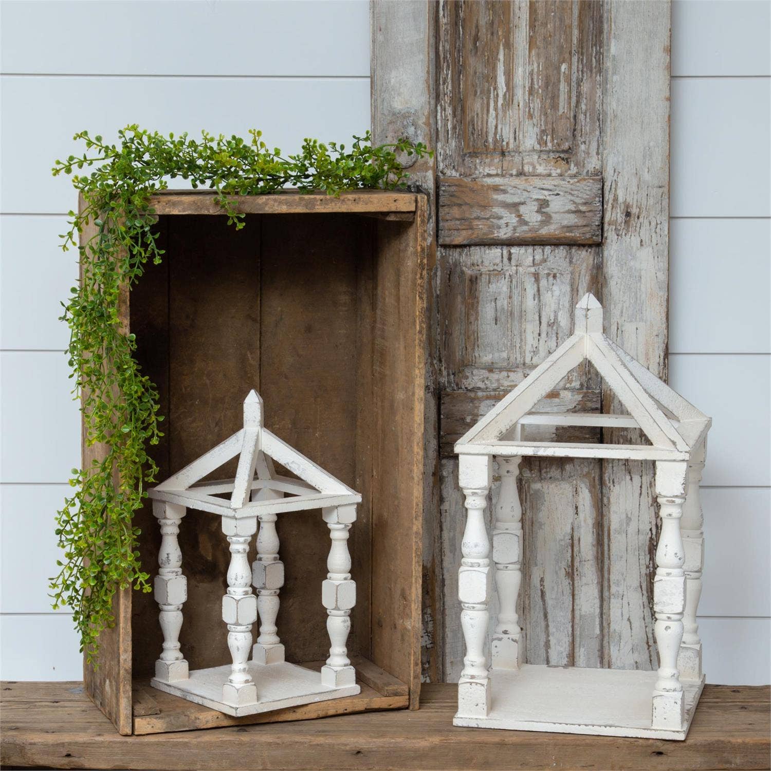 White Distressed Wood Open Lanterns