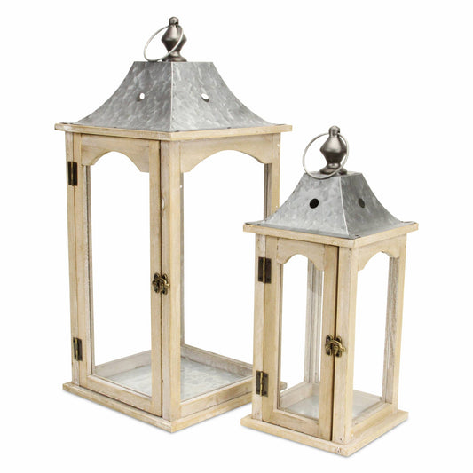 Brown Wood Frame Glass And Metal Top Lanterns