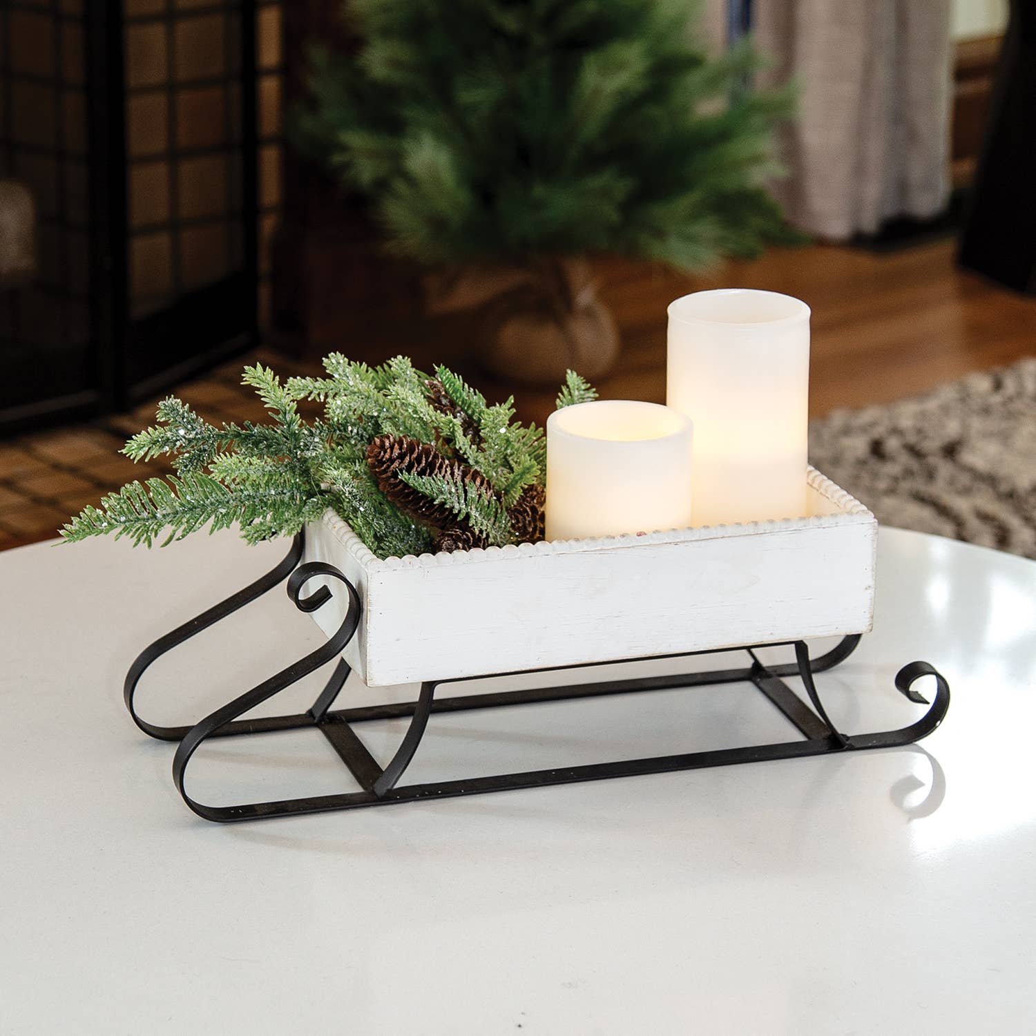 Distressed White Wood & Metal Sled