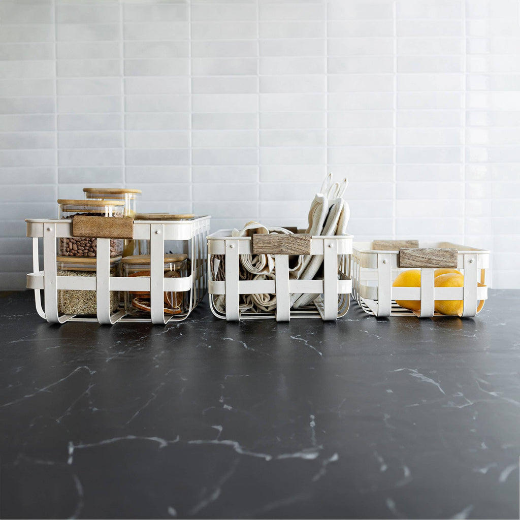 Clement Set 3 Kitchen Baskets White Metal Wood Handles