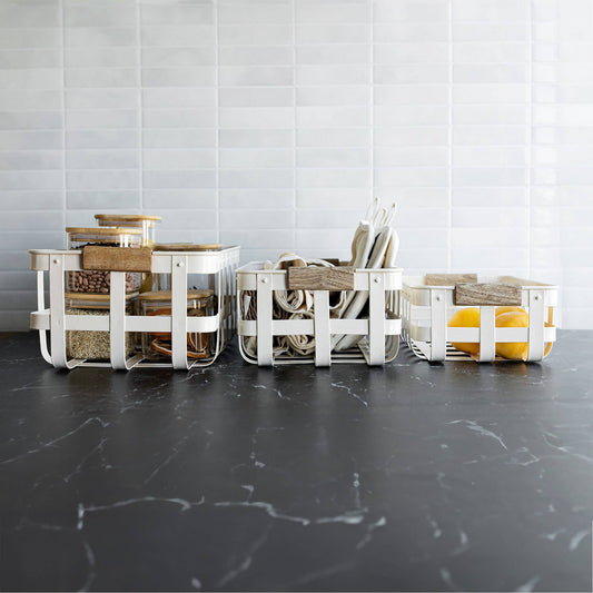 Clement Set 3 Kitchen Baskets White Metal Wood Handles