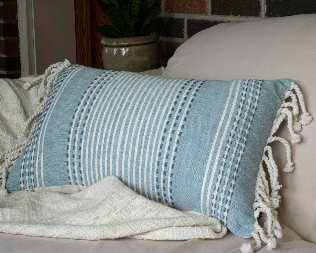 Nila Blue Woven 14x22 Cotton Filled Pillow Hand Tied Tassels